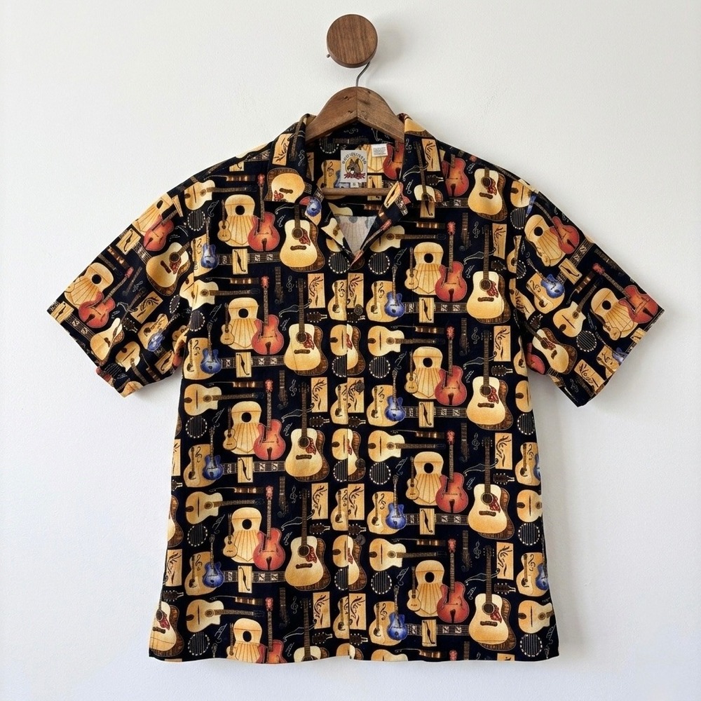 Max Boxxer Mens Guitar Print Button Front Cotton Hawaiian Shirt Black Mens Large